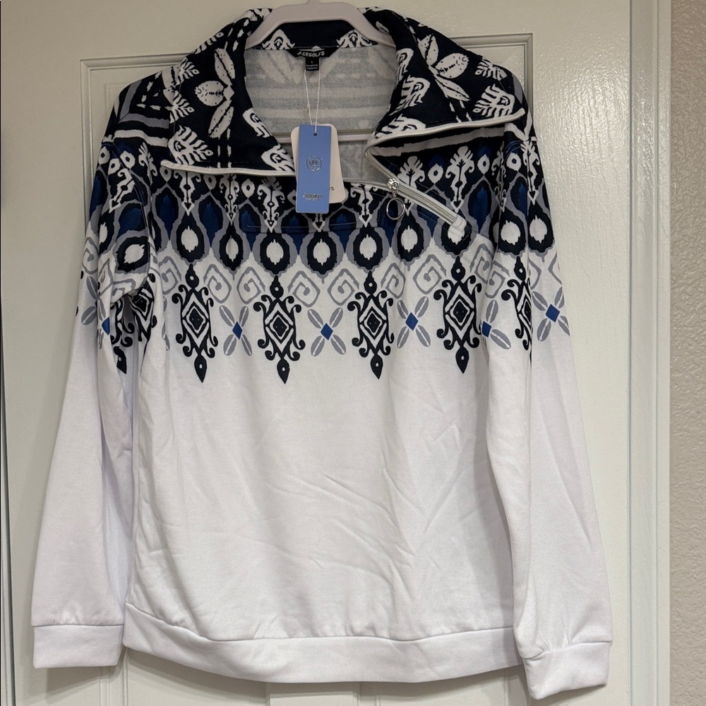 Cegolfs White and Navy Patterned Quarter Zip Women’s L